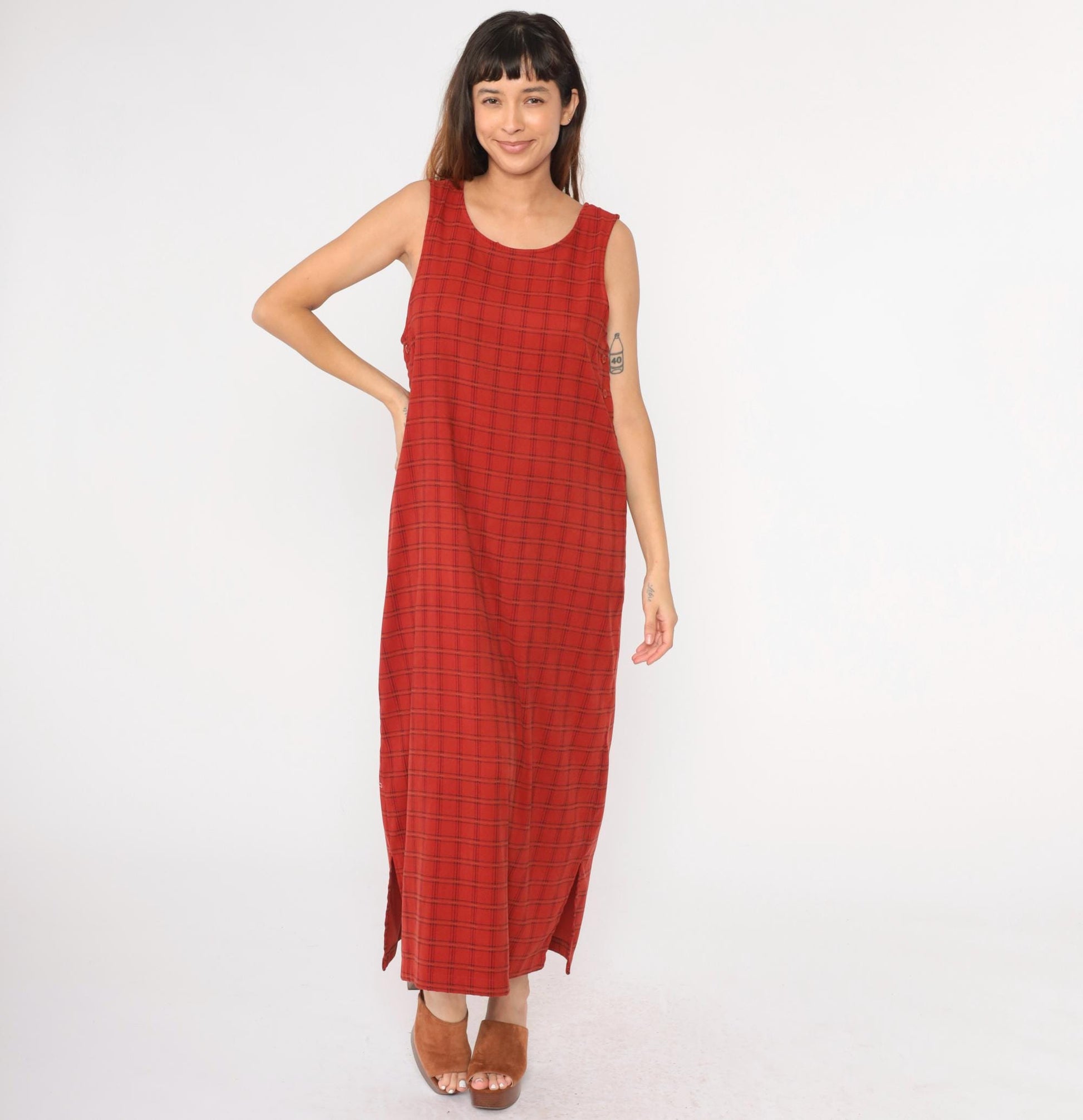 90s Red Checkered Maxi Pinafore Dress Scoop Neck Side Buttons Medium