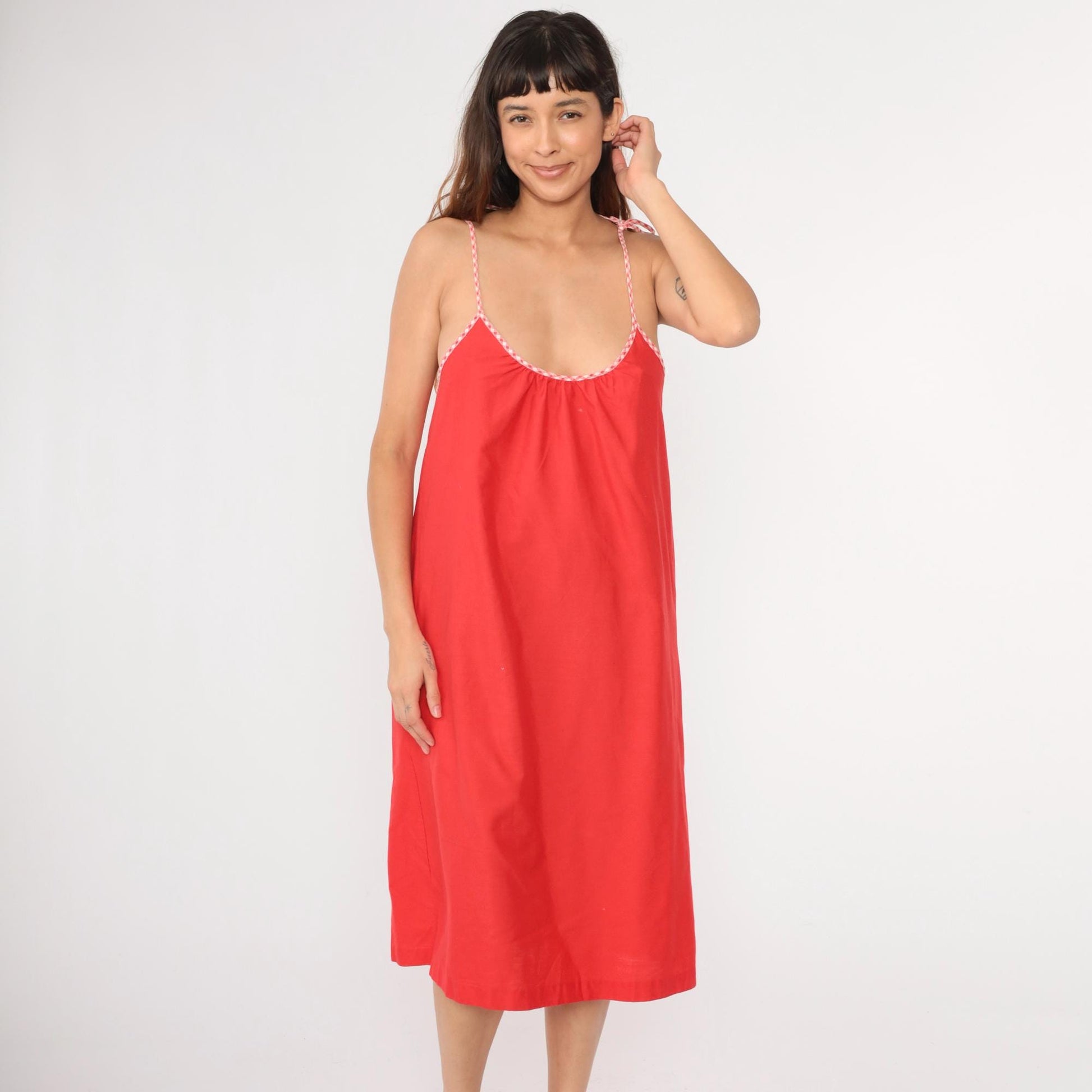 70s Red Spaghetti Strap Midi Tent Dress Checkered Trim Medium M