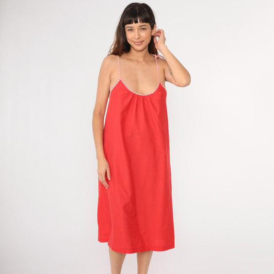 70s Red Spaghetti Strap Midi Tent Dress Checkered Trim Medium M