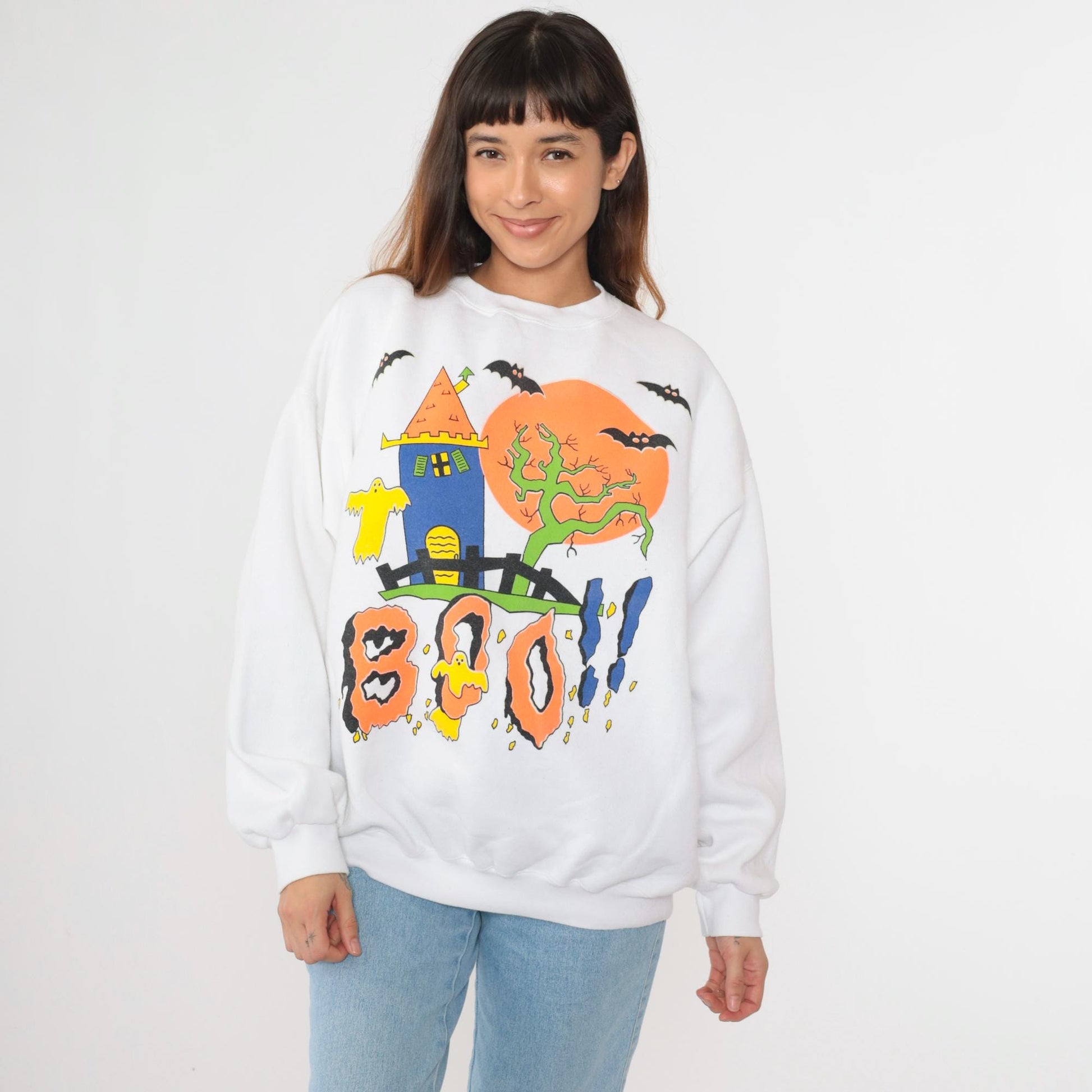 90s Tultex Halloween Sweatshirt Haunted House Boo Ghosts White Extra Large XXL