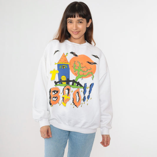 90s Tultex Halloween Sweatshirt Haunted House Boo Ghosts White Extra Large XXL