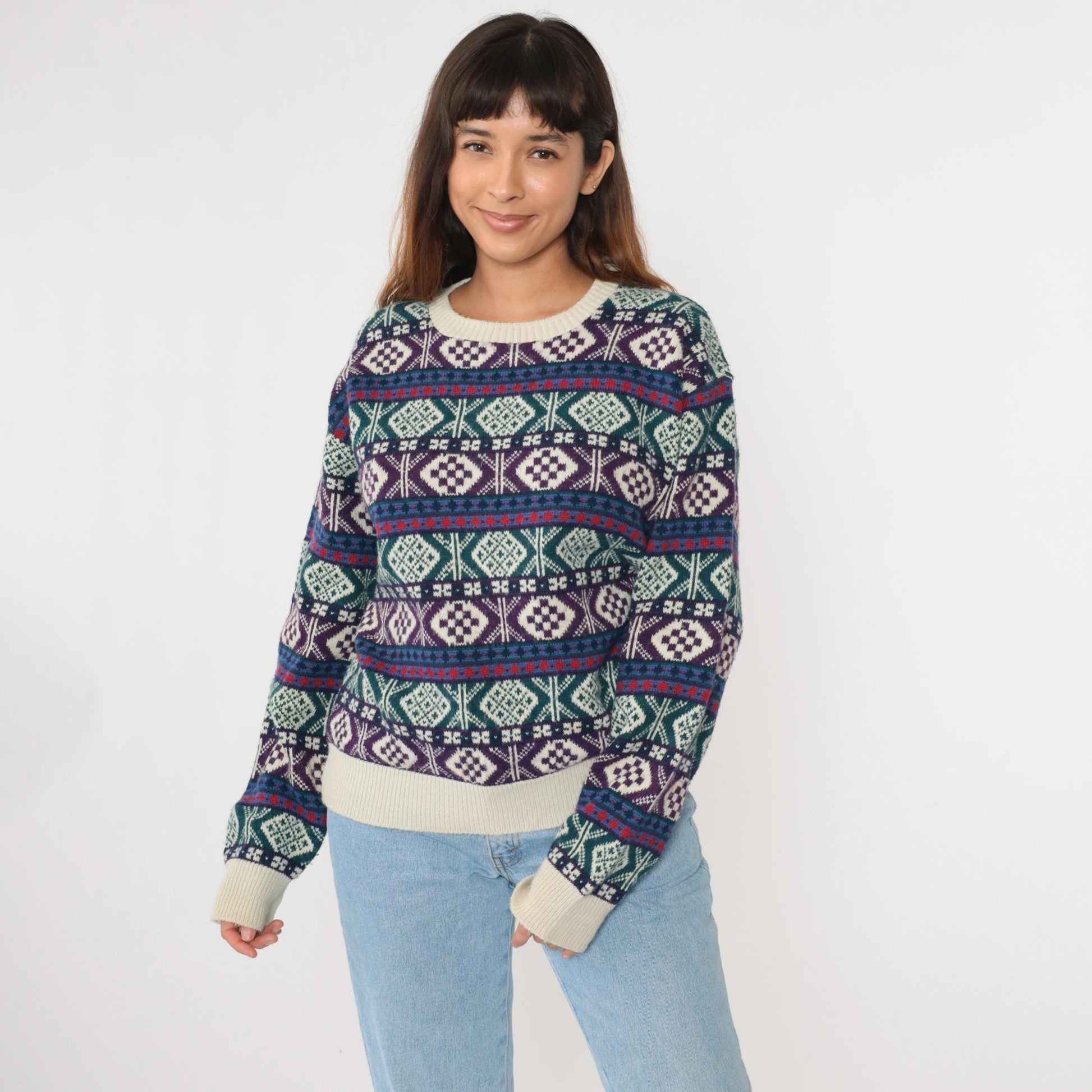 80s Nordic Geometric Fair Isle Sweater Green Purple Knit Pullover Large L