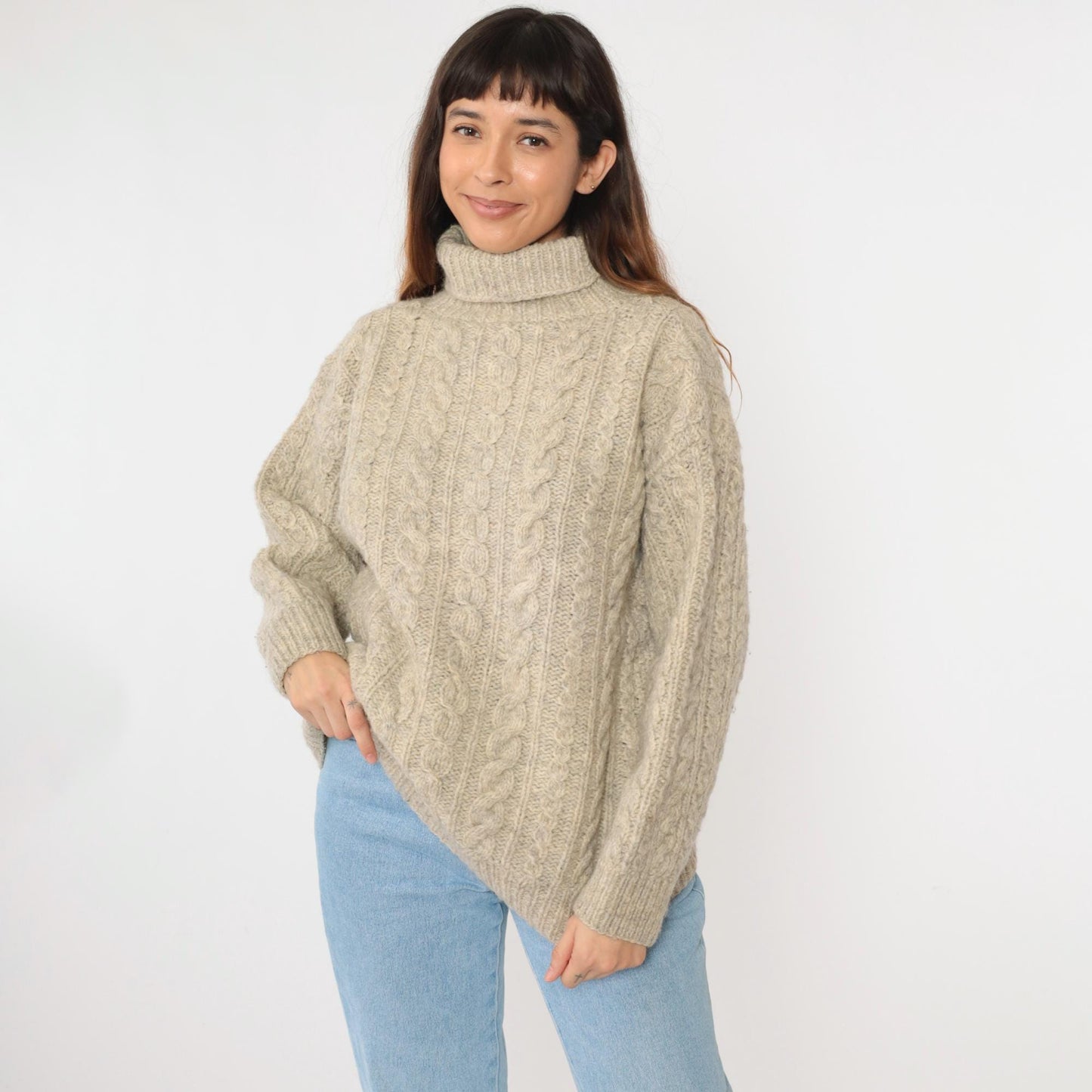 80s Beige Cable Knit Turtleneck Sweater Flecked Pullover Large