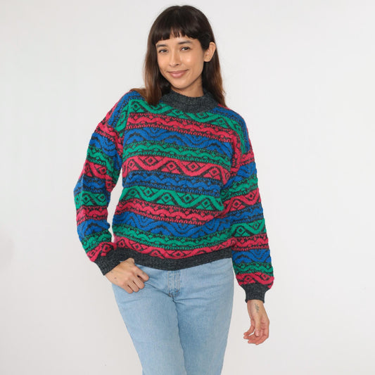 80s Nan Dorsey Geometric Striped Mock Neck Sweater Blue Green Red Medium