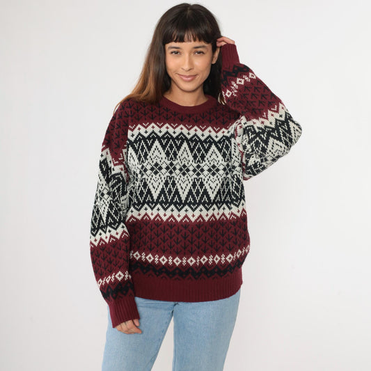 90s Fair Isle Sweater Maroon Black White Geometric Knit Pullover Extra Large