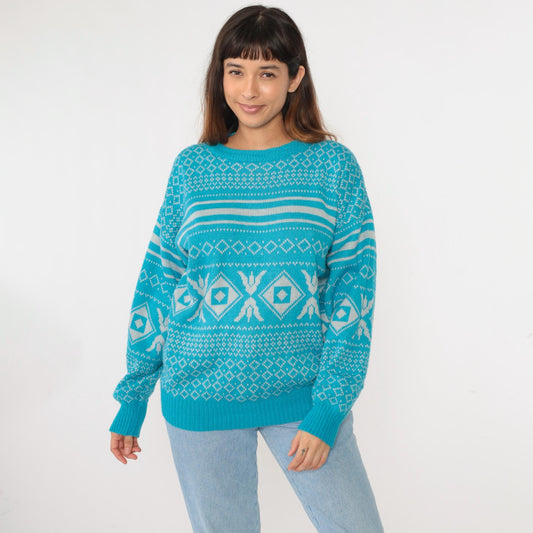 80s Geometric Knit Sweater Bright Blue Diamond Abstract Crewneck Medium M