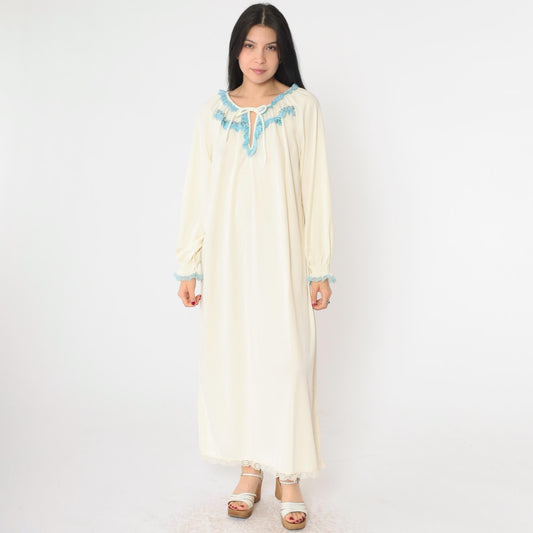 70s Cream Nightgown Maxi Keyhole Tie Neck Long Sleeve Lace Trim Large XL
