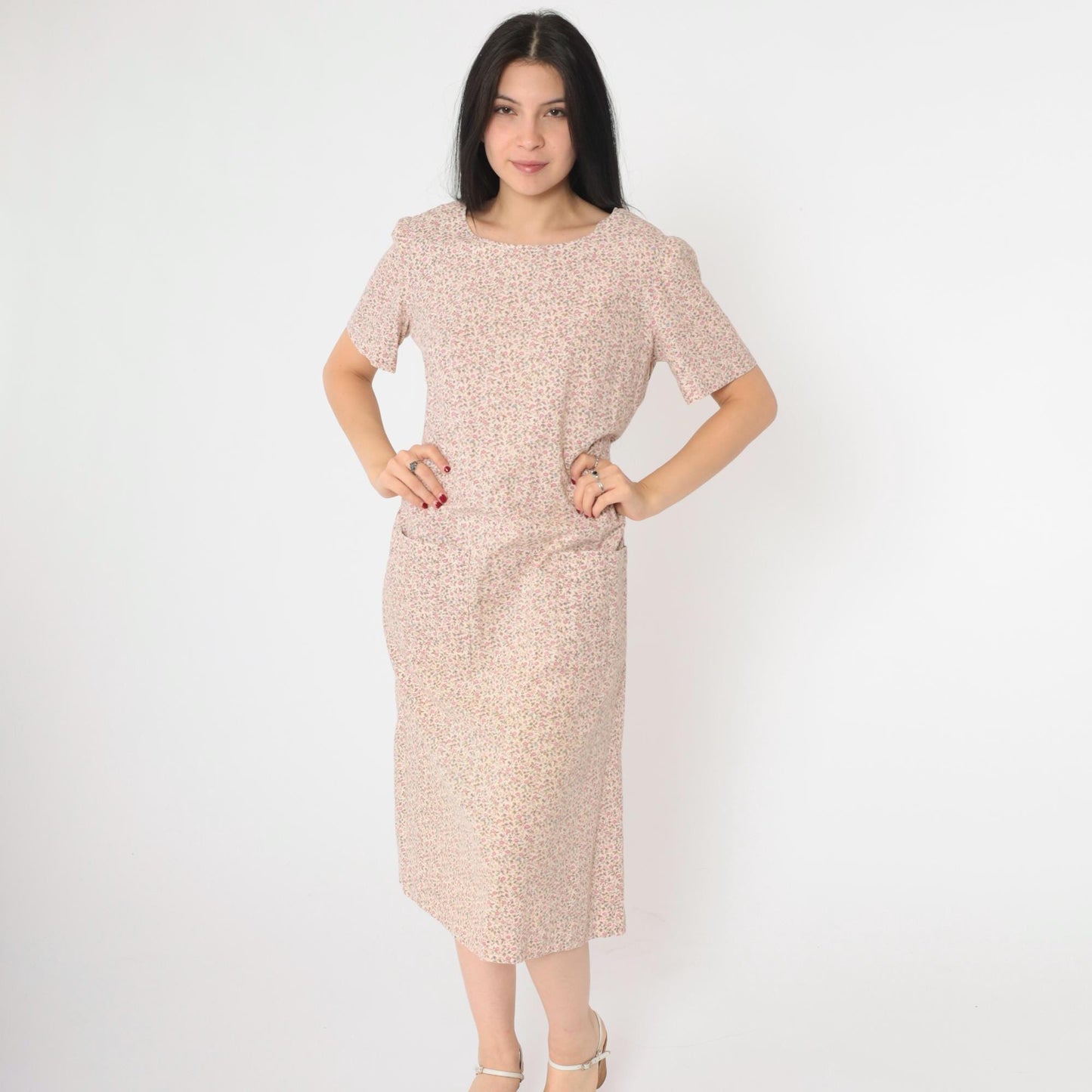 90s Floral Midi Shift Dress Off-White Pink Short Sleeve Pockets Medium