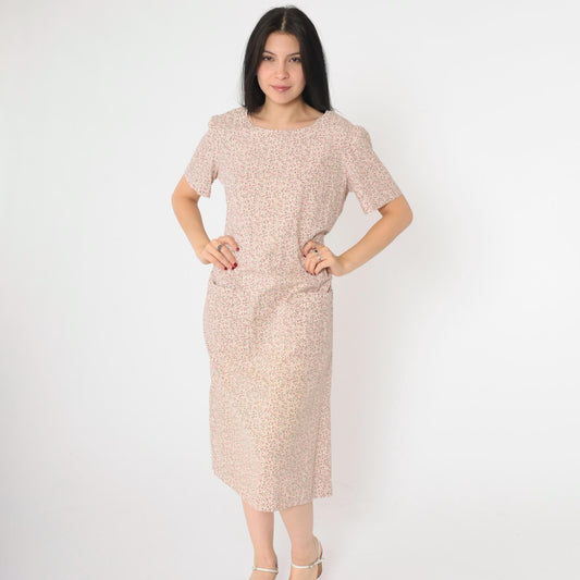 90s Floral Midi Shift Dress Off-White Pink Short Sleeve Pockets Medium
