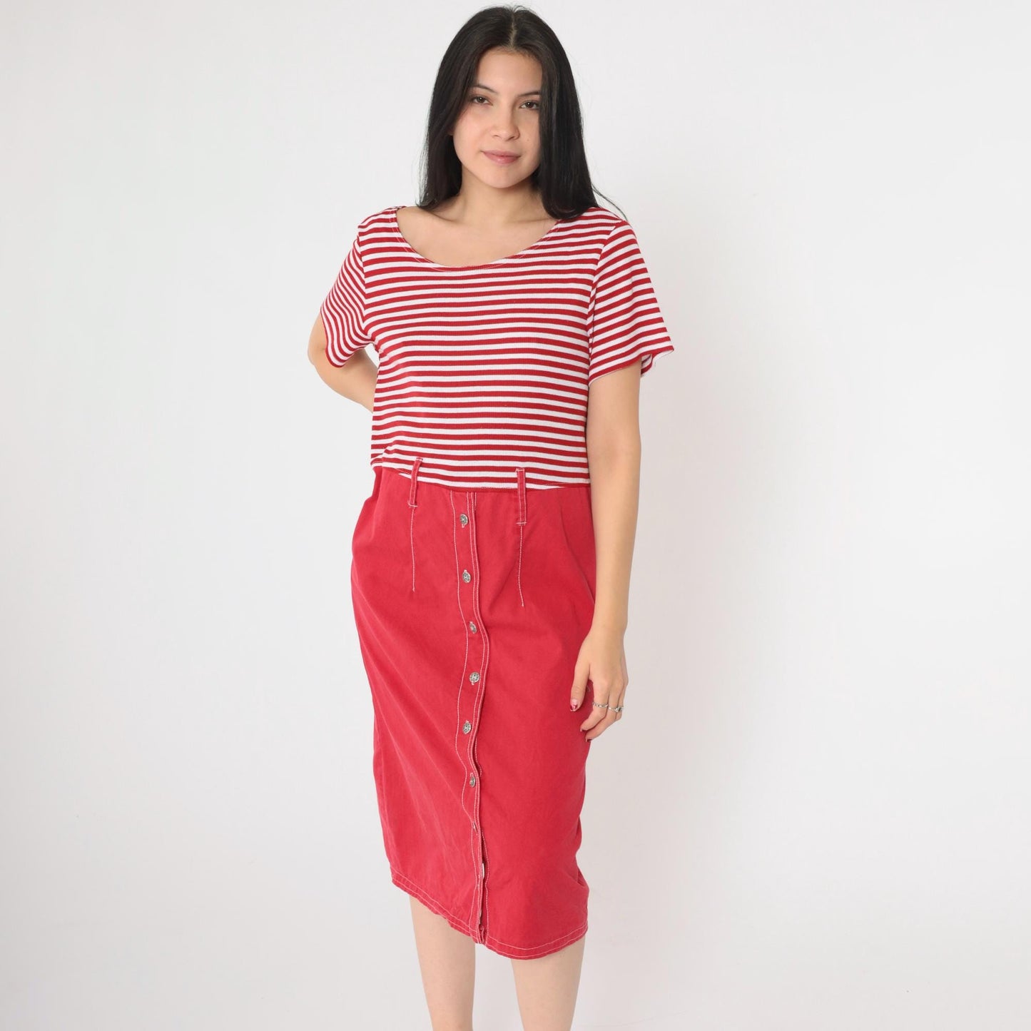 90s Red White Striped Button-Up Midi Dress High Waist Short Sleeve Medium