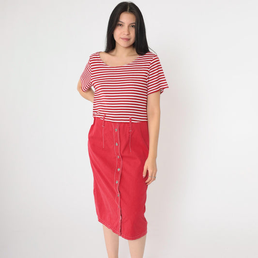 90s Red White Striped Button-Up Midi Dress High Waist Short Sleeve Medium