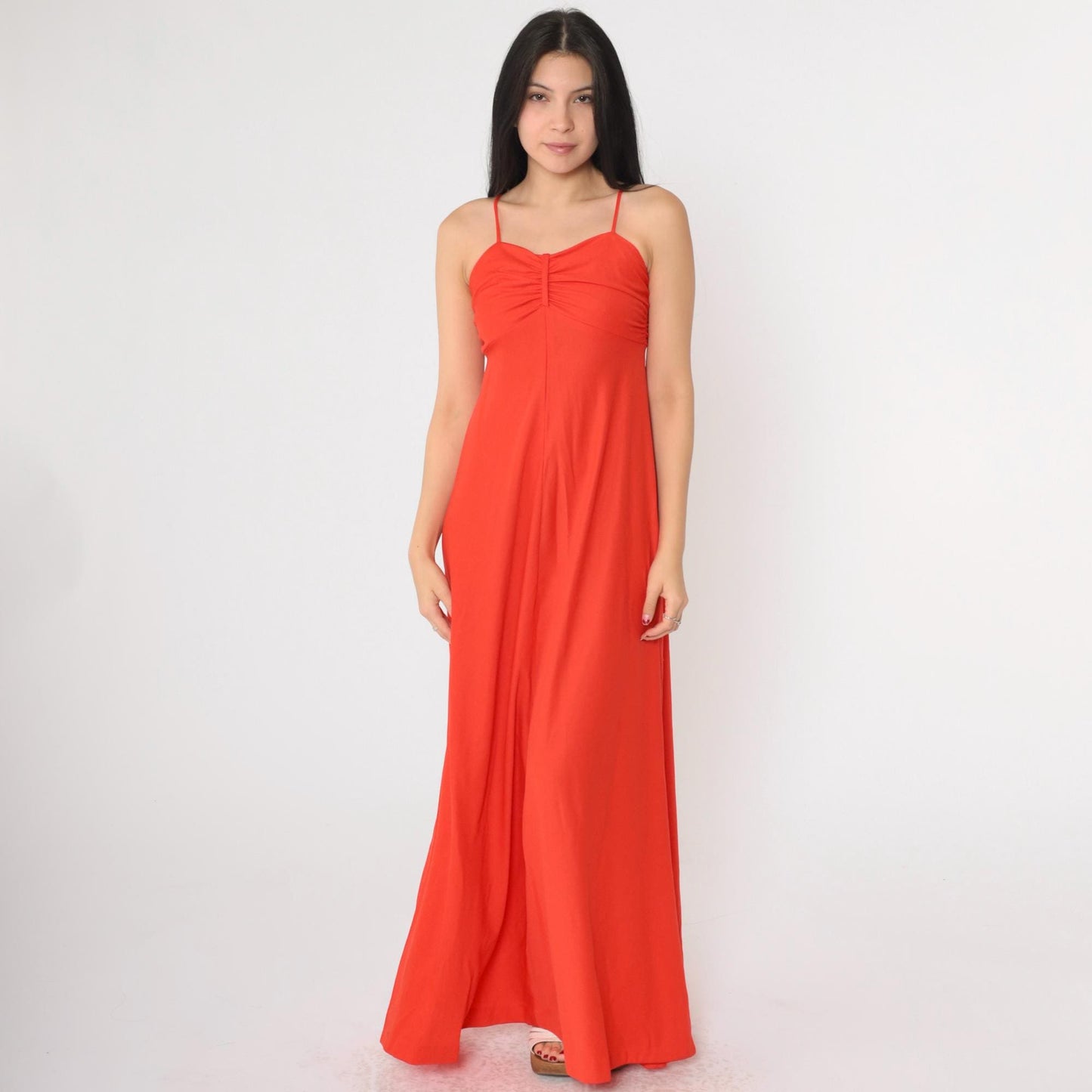 70s Red Maxi Dress Empire Waist Spaghetti Strap Grecian Extra Small