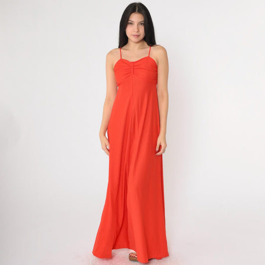 70s Red Maxi Dress Empire Waist Spaghetti Strap Grecian Extra Small