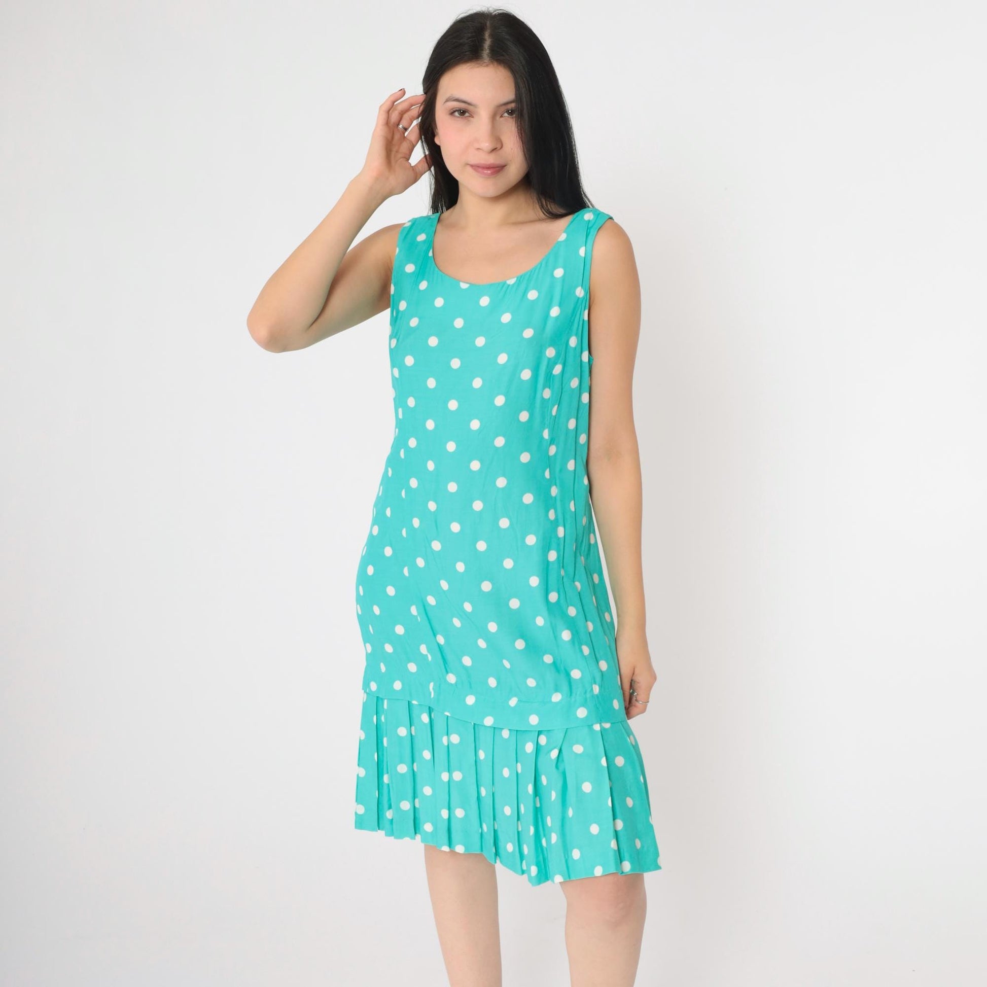 80s Jessica Howard Polka Dot Shift Dress Turquoise Sleeveless Knee Length Medium