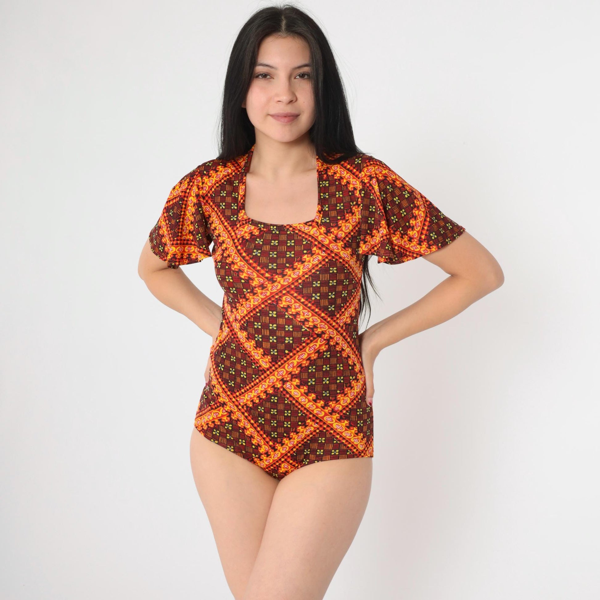 70s Danskin Floral Checkered Bodysuit Flutter Sleeve Square Neck Orange Small