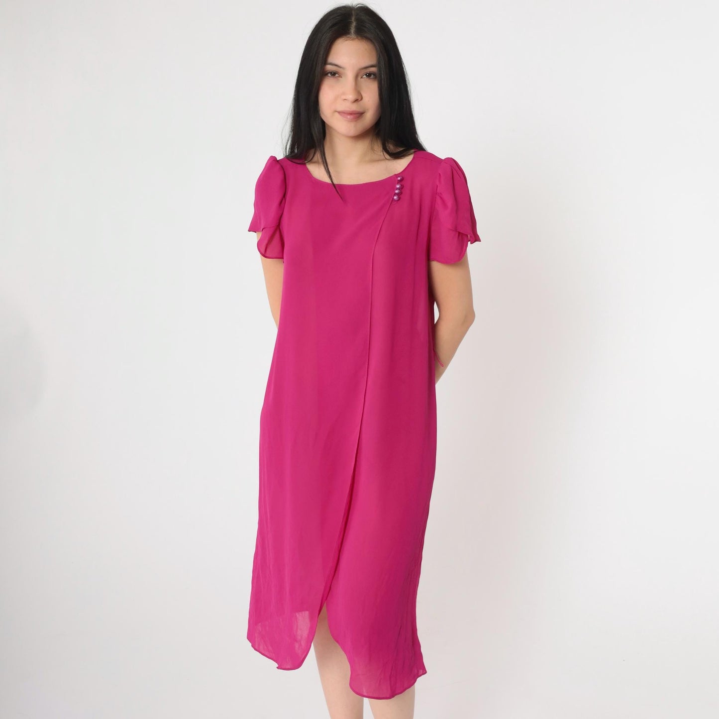 80s Fuchsia Chiffon Shift Dress Puff Sleeve Semi-Sheer Medium