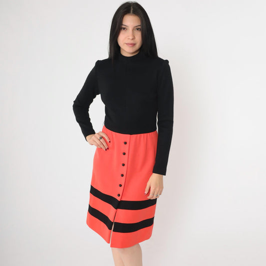 60s Wool Mock Neck Dress Black Orange Striped Knee-Length High Waist Small