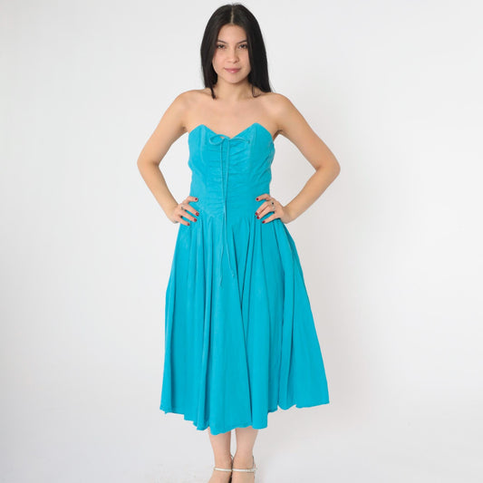 80s Turquoise Strapless Sweetheart Midi Dress Smocked Ruched Cotton Medium
