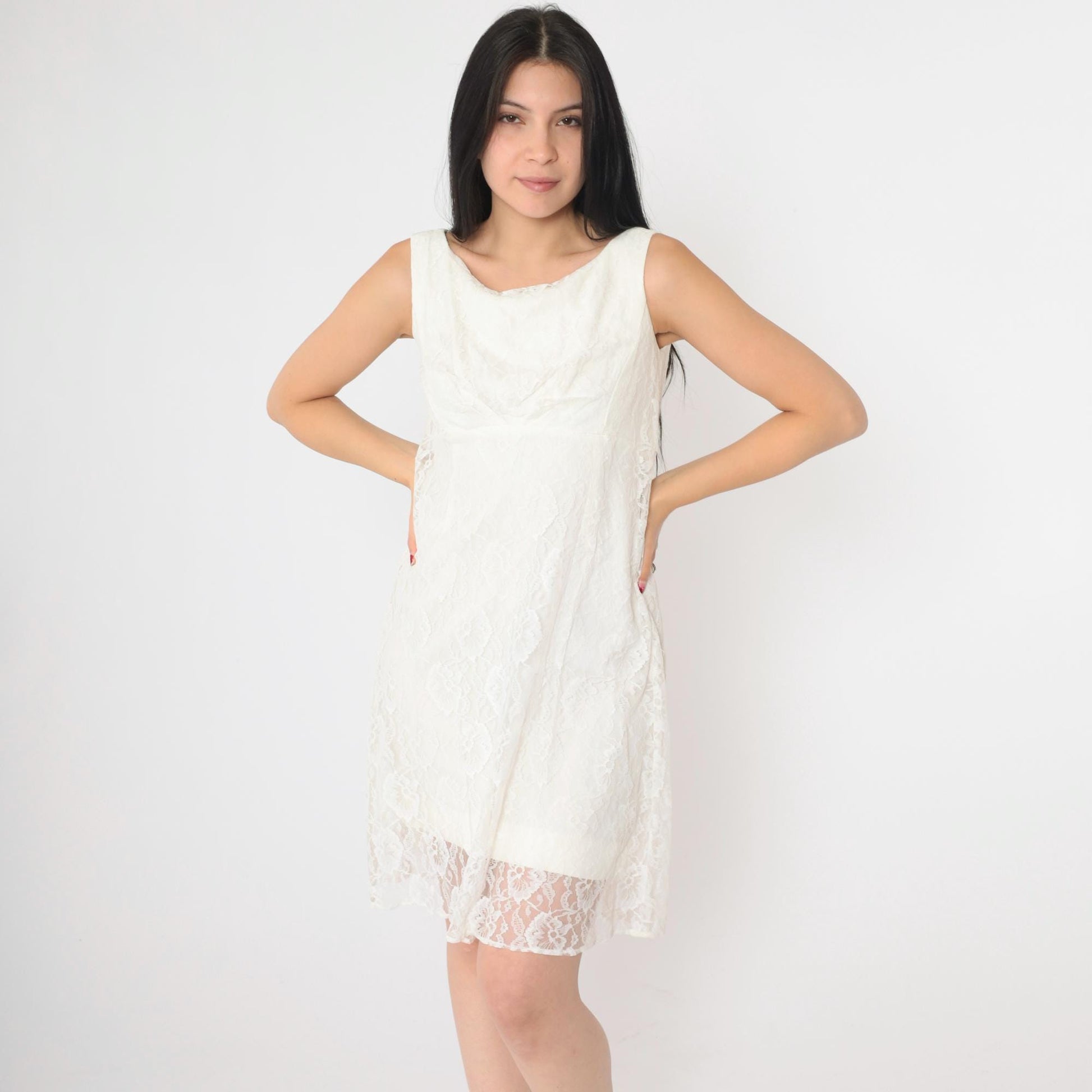 60s White Lace Empire Waist Mini Shift Dress Sleeveless Extra Small XS