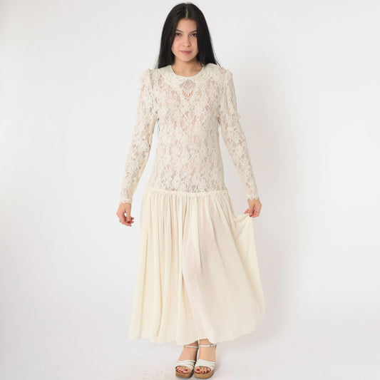 80s Ricki Lang Sheer Lace Maxi Dress Cream Puff Sleeve Drop Waist Medium