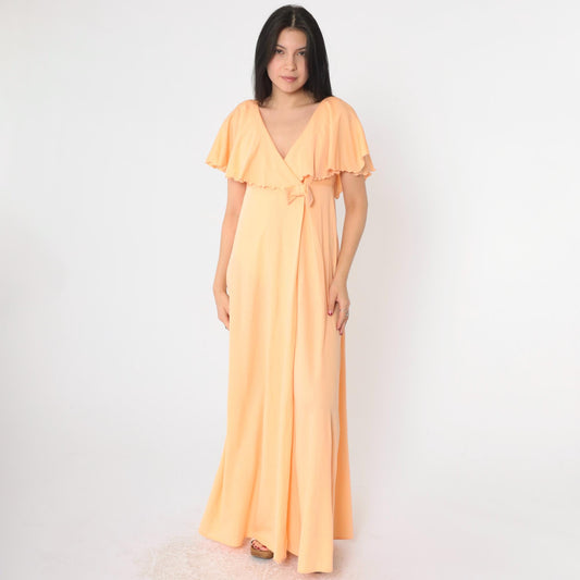 70s Peach Grecian Maxi Dress Empire Waist Capelet Flutter Sleeve Medium