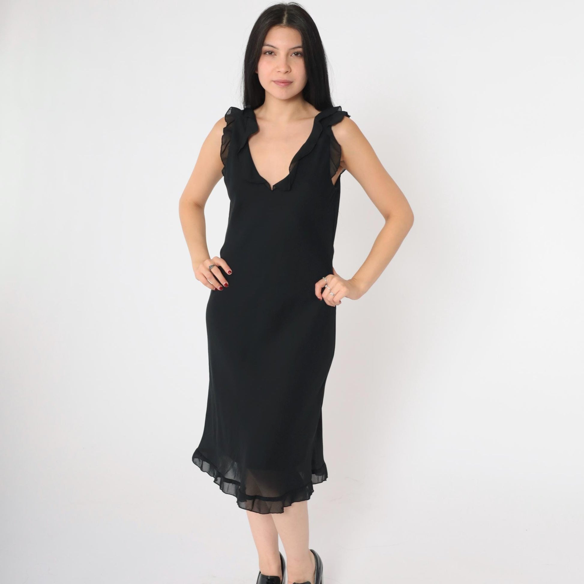 90s Black Chiffon Midi Dress V Neck Ruffled Sleeveless Shift Medium