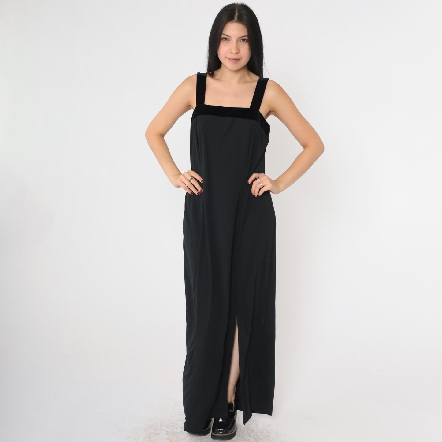 90s Black Velvet Strap Maxi Dress Sleeveless Sheath Front Slit Medium