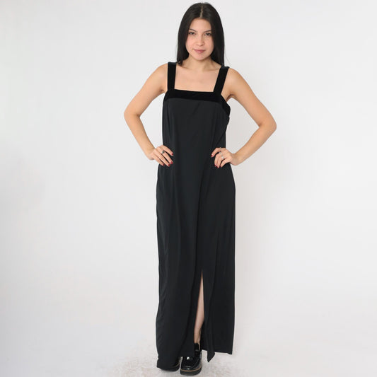 90s Black Velvet Strap Maxi Dress Sleeveless Sheath Front Slit Medium