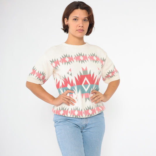 80s United Knitwear Southwestern Geometric Knit Top Off-White Coral Pink Blue Medium
