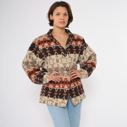 90s Flashback Wool Jacket Southwestern Geometric Star Print Button-Up Large