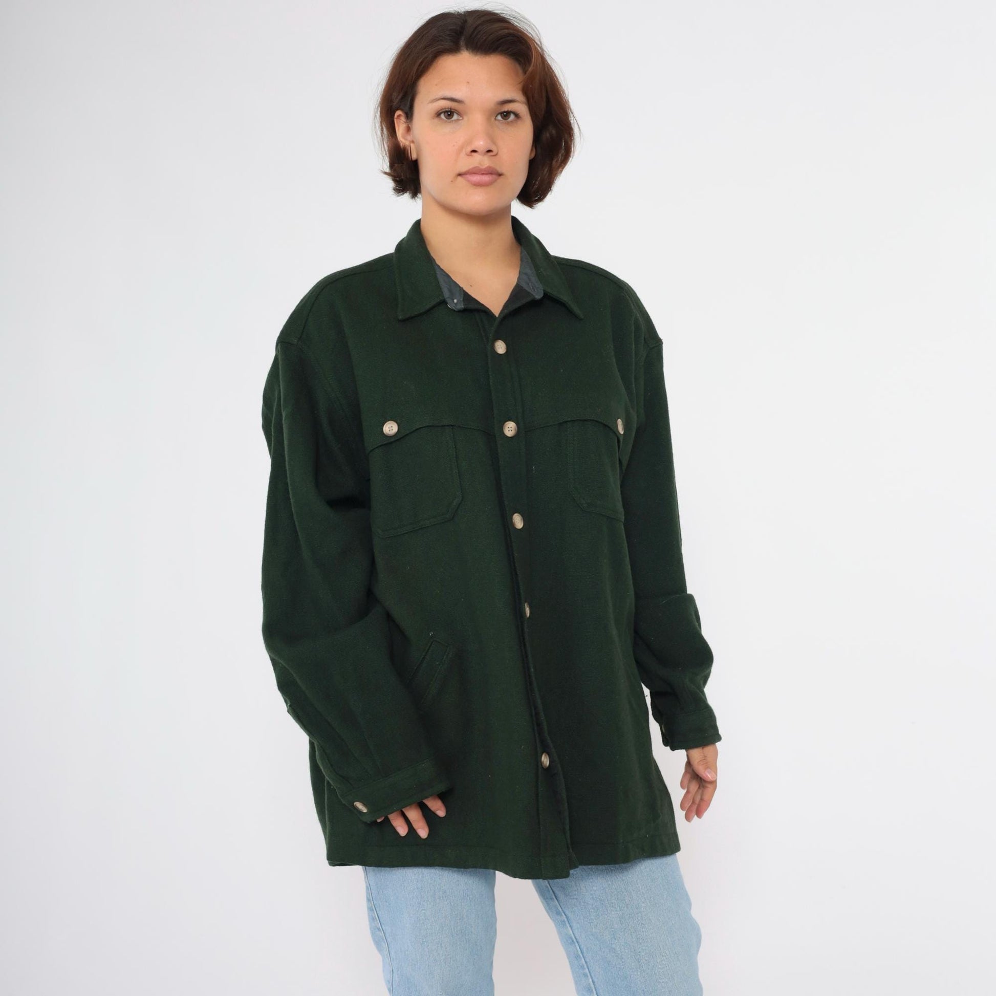 90s Woolrich Wool Shirt Jacket Forest Green Button Up Shacket Men's XXL