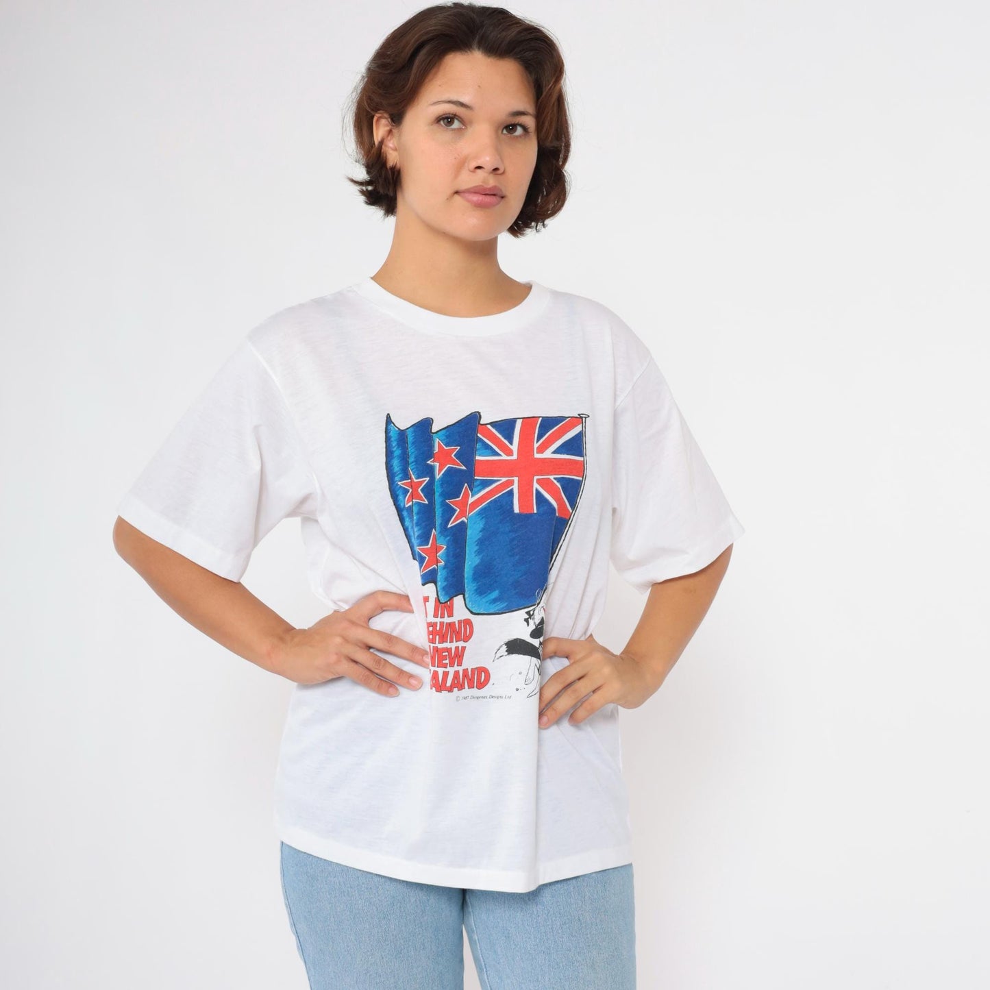 1987 New Zealand Murray Ball Graphic T-Shirt White Rugby Large