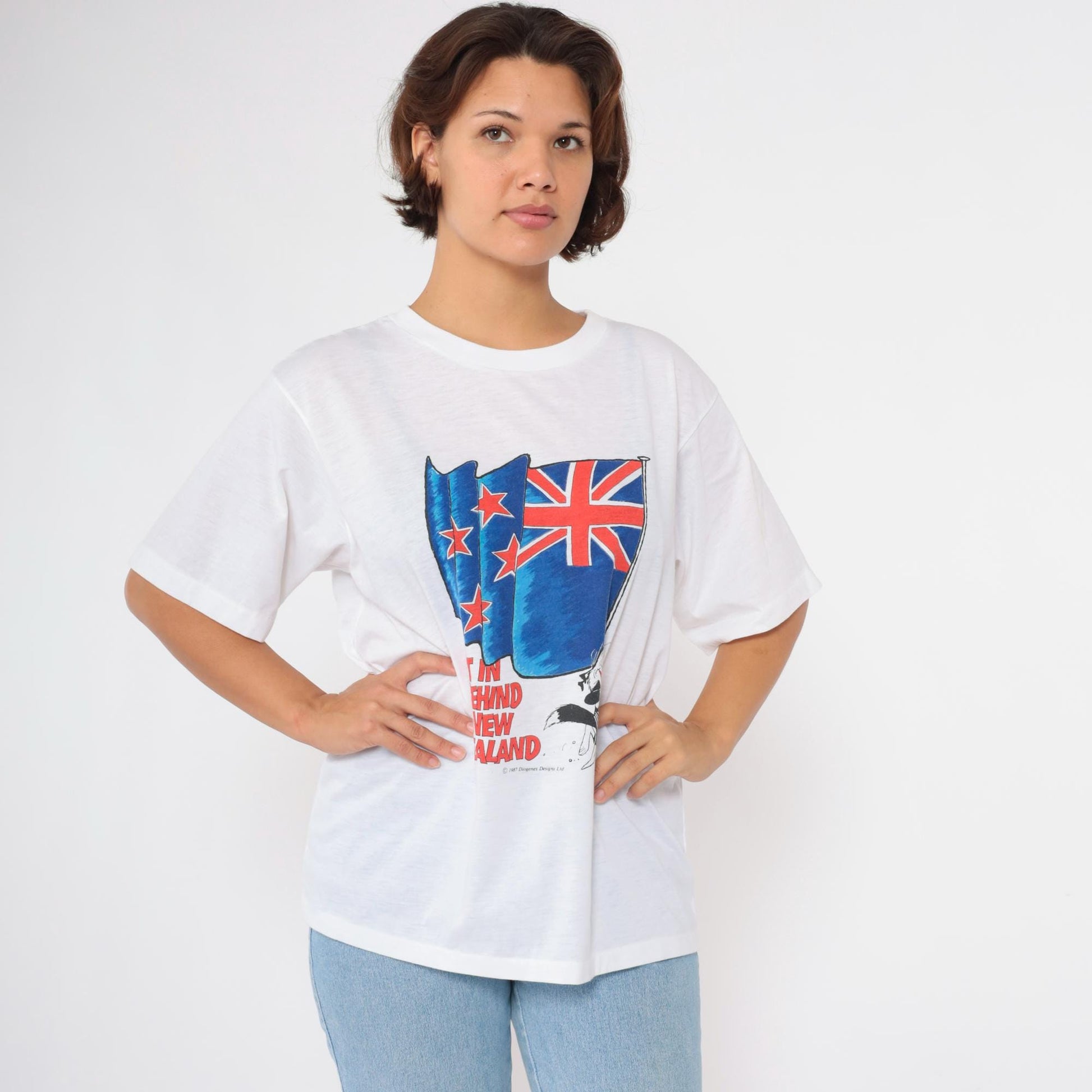 1987 New Zealand Murray Ball Graphic T-Shirt White Rugby Large