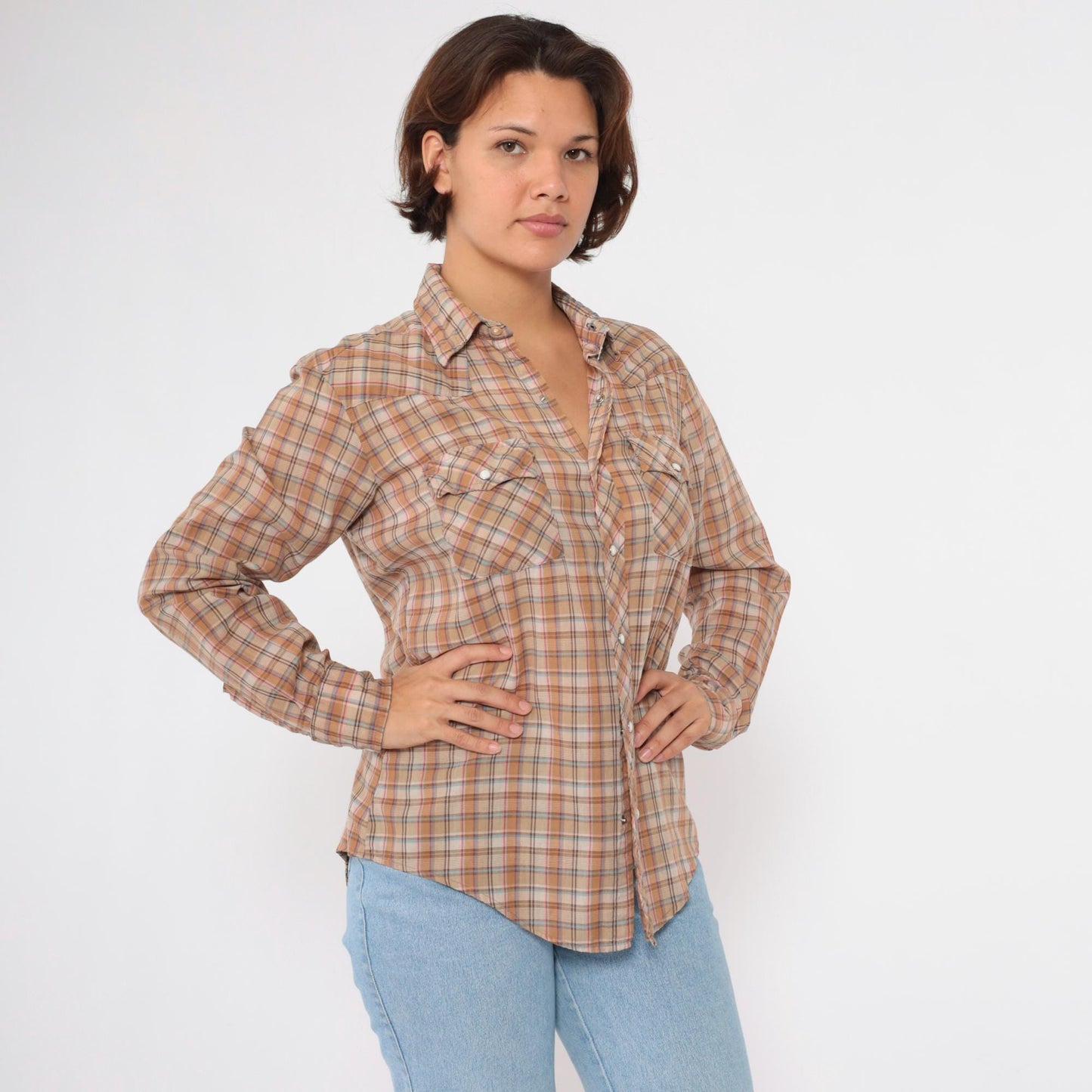 80s Dakota Western Pearl Snap Shirt Burnt Orange Tan Plaid Large