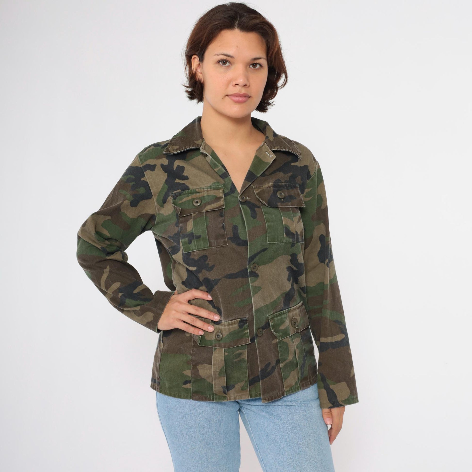 90s Army Camouflage Button-Up Shirt Green Cargo Pockets Small