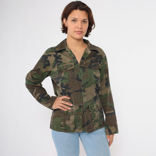 90s Army Camouflage Button-Up Shirt Green Cargo Pockets Small