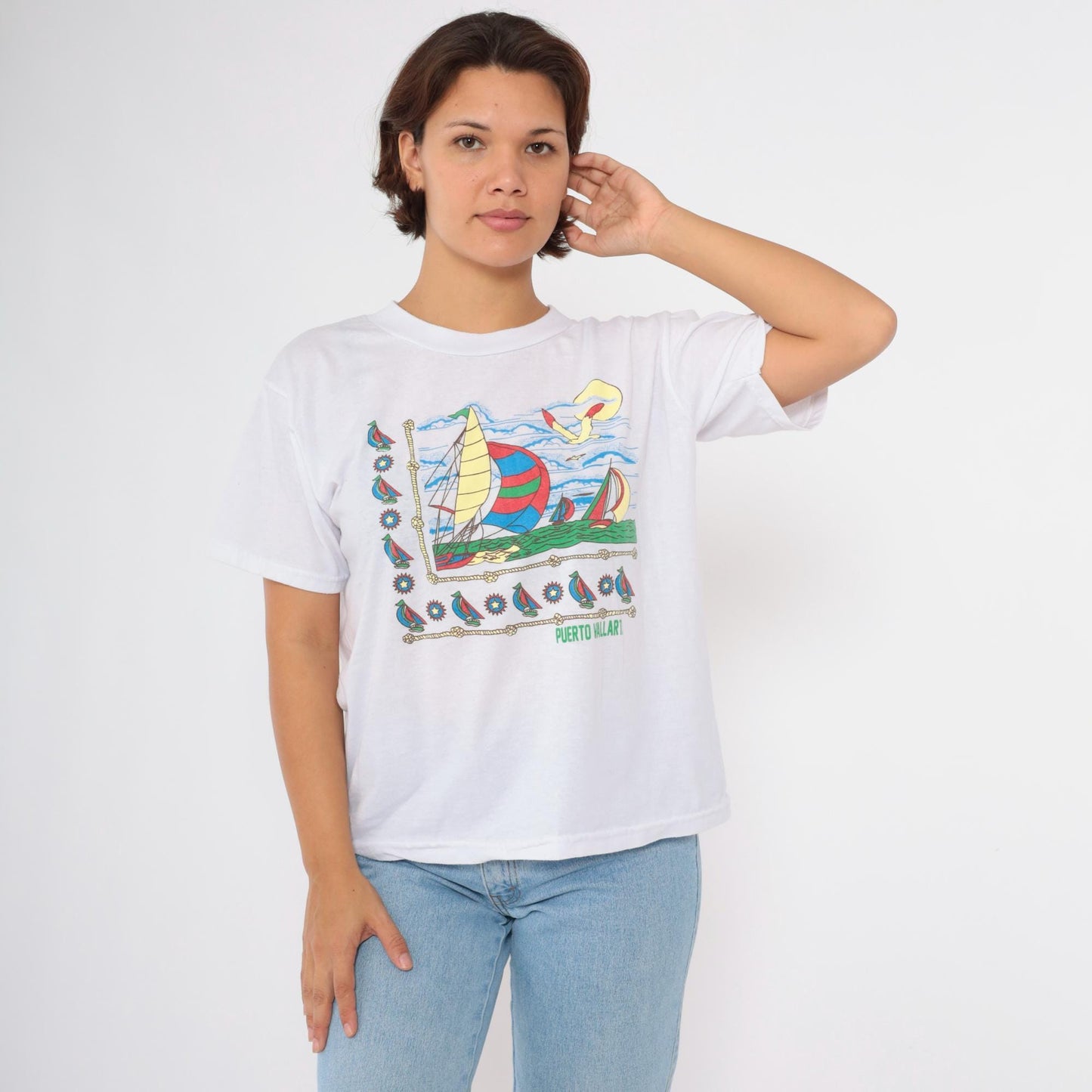 90s Puerto Vallarta Mexico Nautical Sailboat Graphic T-Shirt White Large