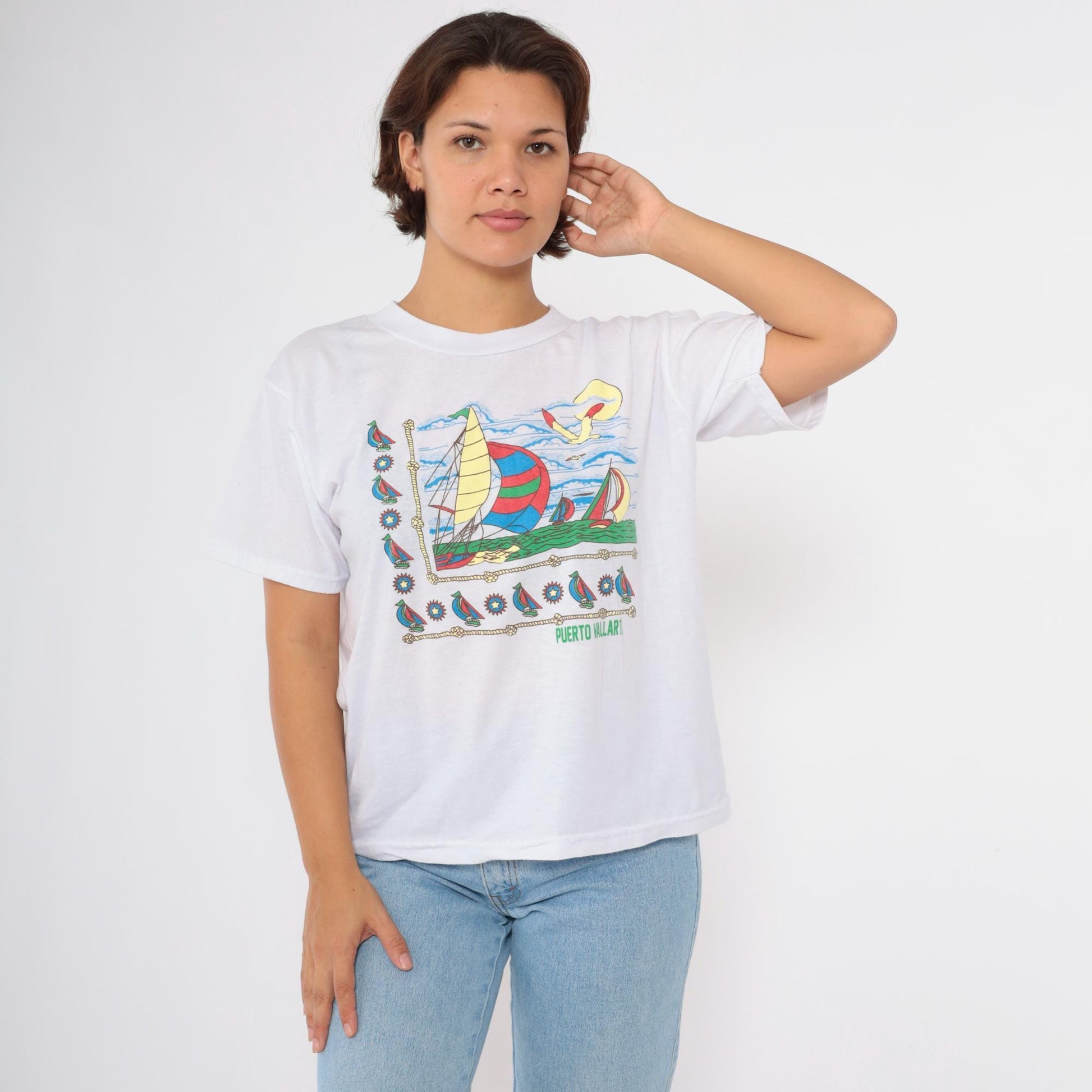 90s Puerto Vallarta Mexico Nautical Sailboat Graphic T-Shirt White Large