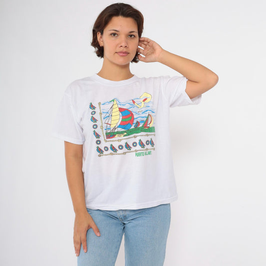 90s Puerto Vallarta Mexico Nautical Sailboat Graphic T-Shirt White Large