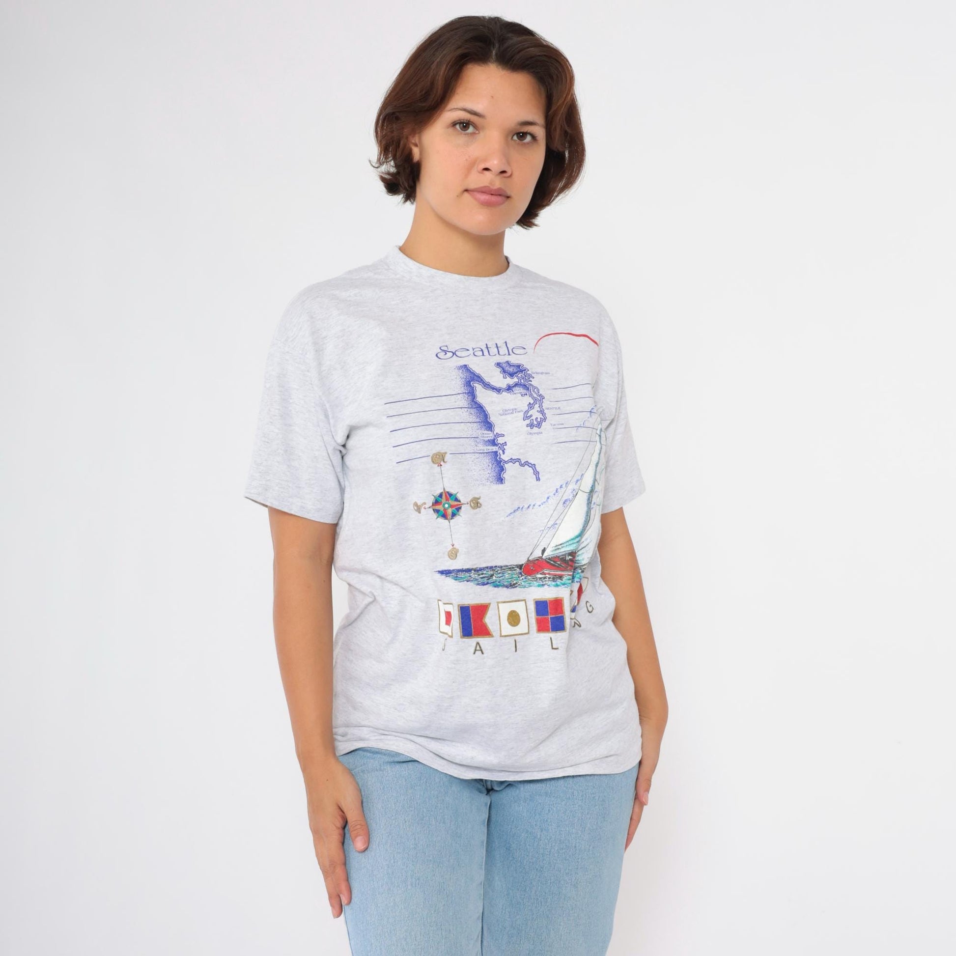 90s Seattle Sailing Graphic T-Shirt Sailboat Print Grey Cotton Medium