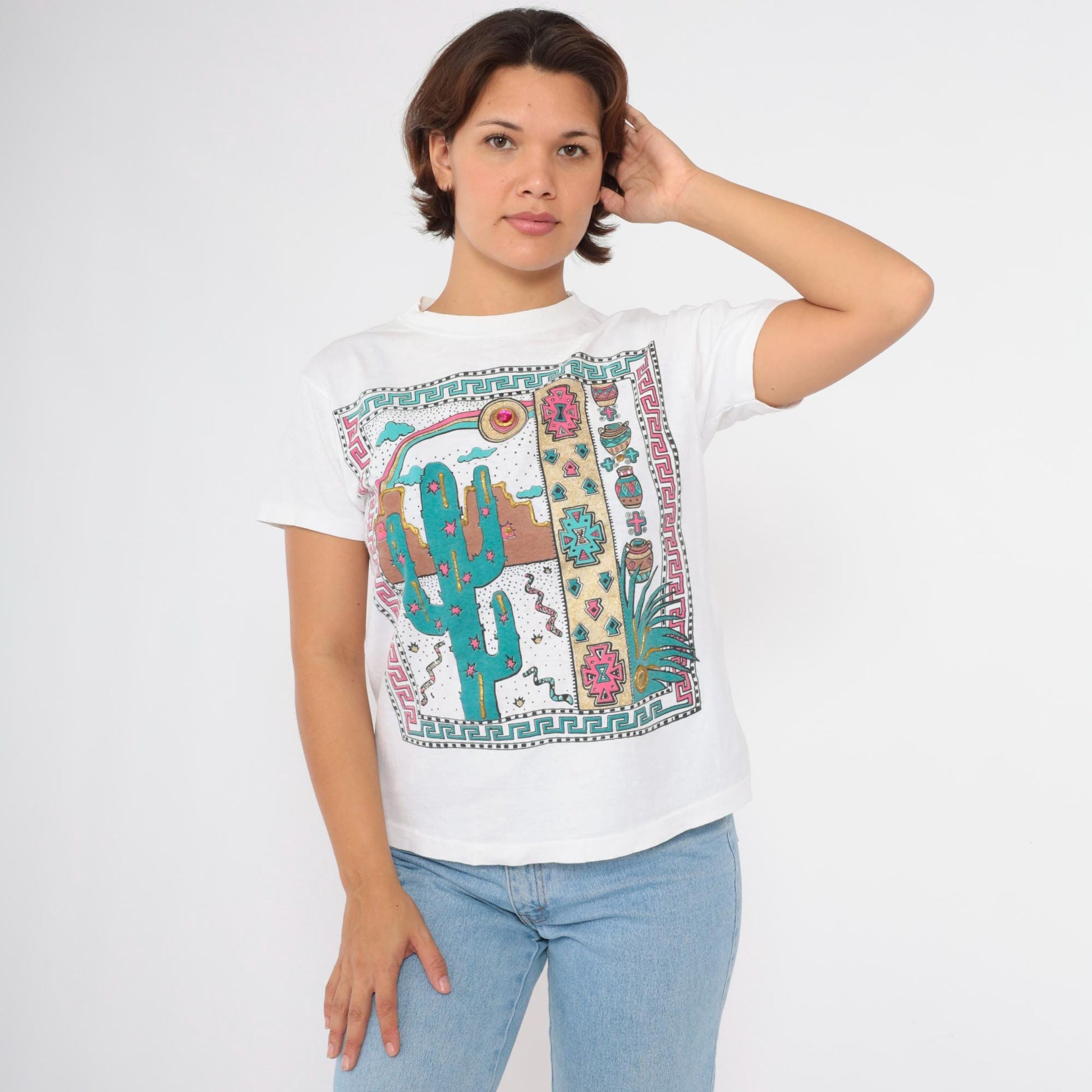 90s Southwestern Cactus Snake Graphic T-Shirt Sparkly Beaded Medium M