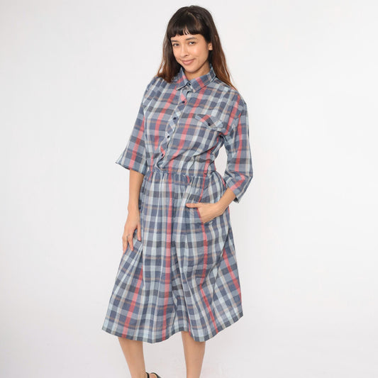 80s Paul Alfred Plaid Shirt Dress Blue Red Midi High Waist Medium
