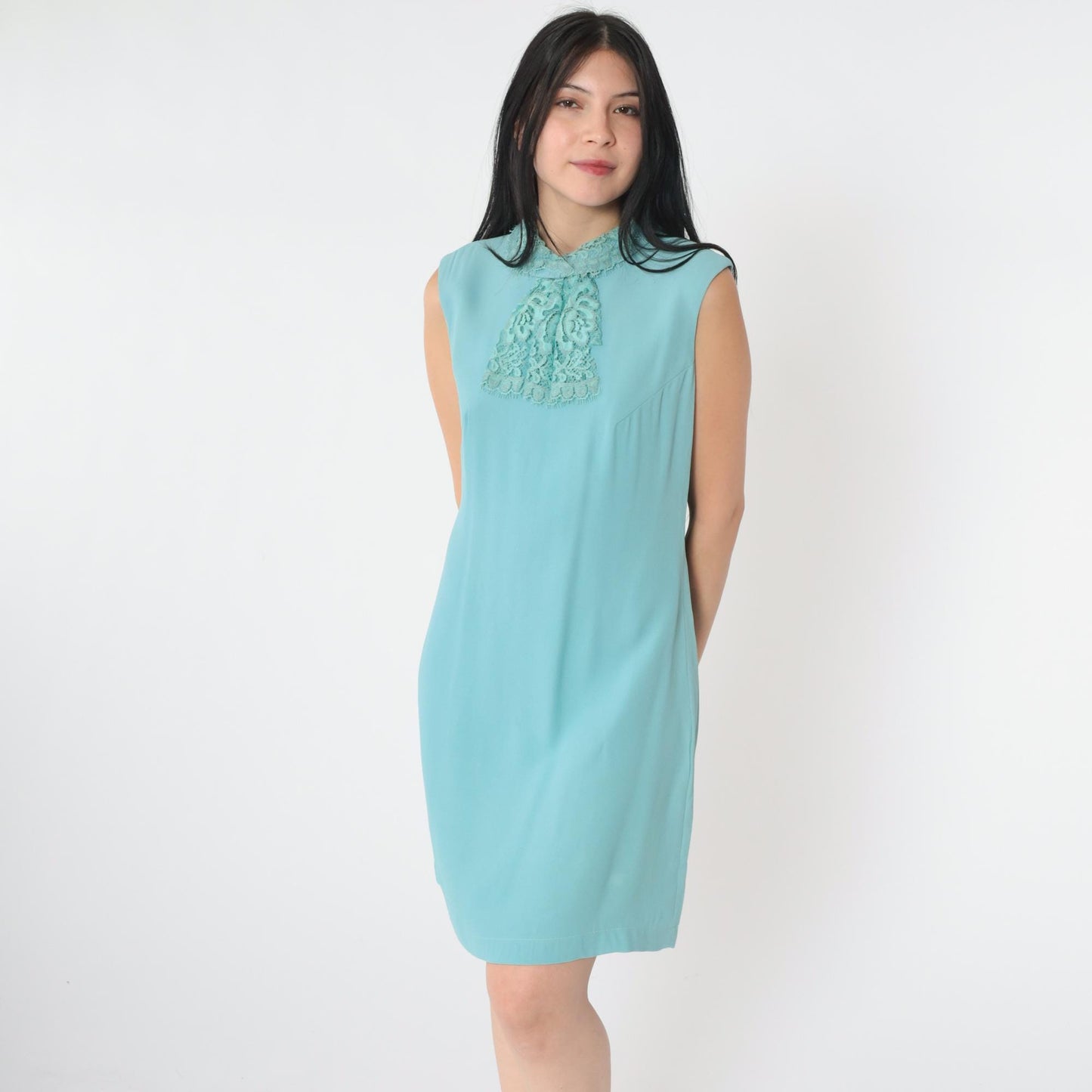 60s Mod Blue Shift Dress Lace Jabot Collar Sleeveless Mini Small Medium