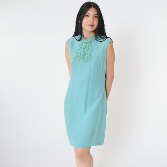 60s Mod Blue Shift Dress Lace Jabot Collar Sleeveless Mini Small Medium