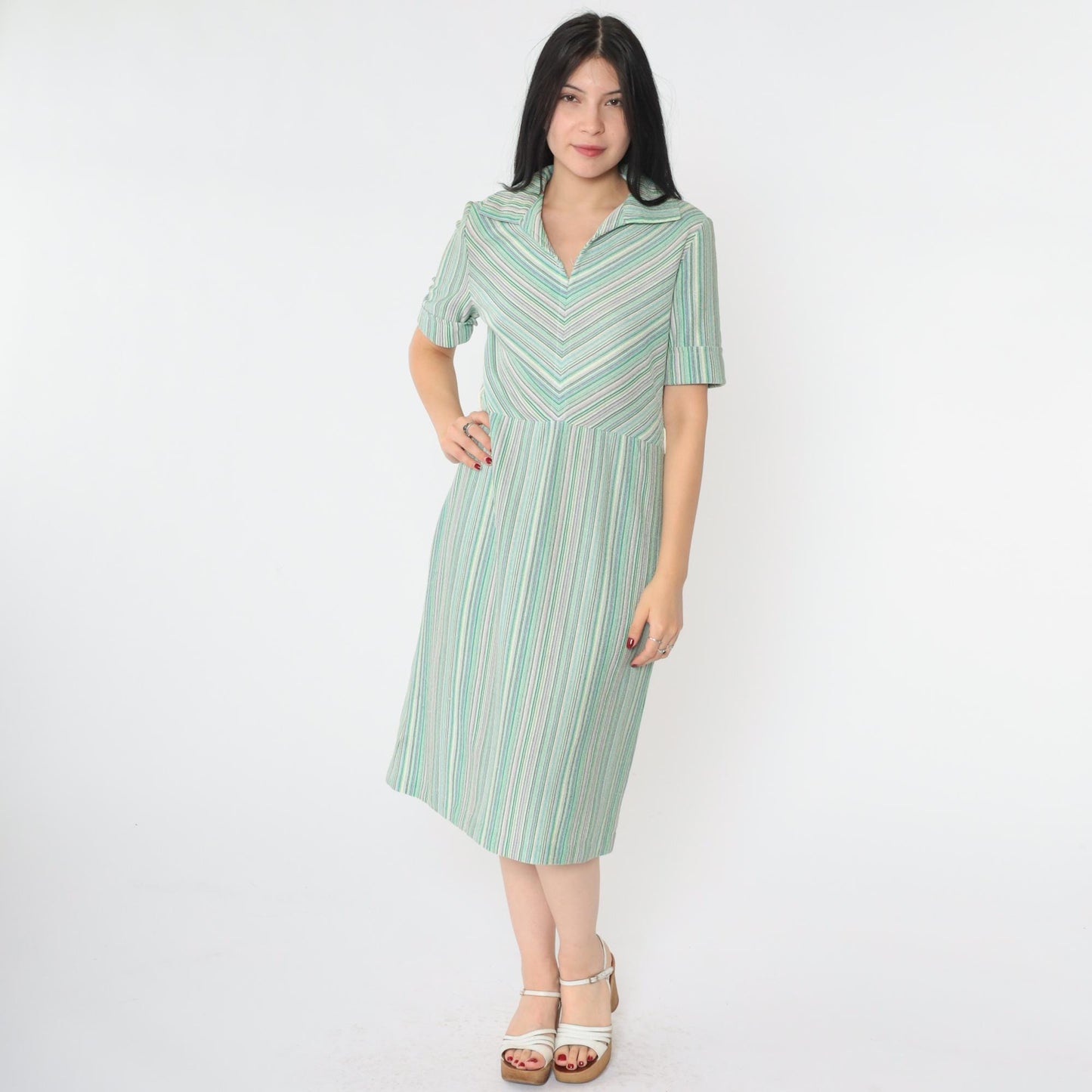 70s Chevron Striped Shift Dress Green Blue Purple Midi Collar Medium