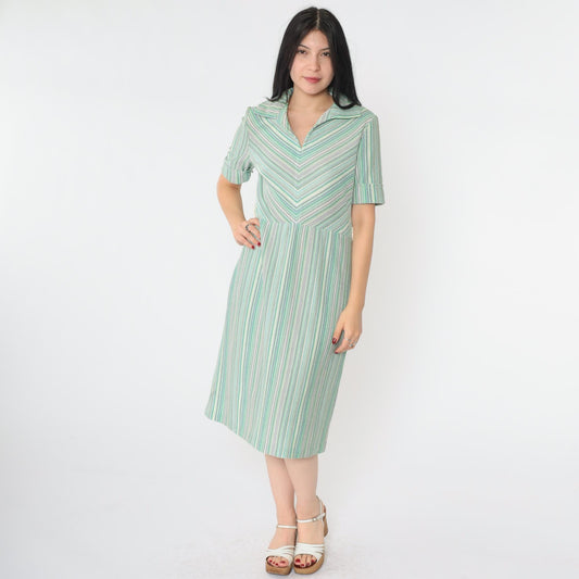70s Chevron Striped Shift Dress Green Blue Purple Midi Collar Medium