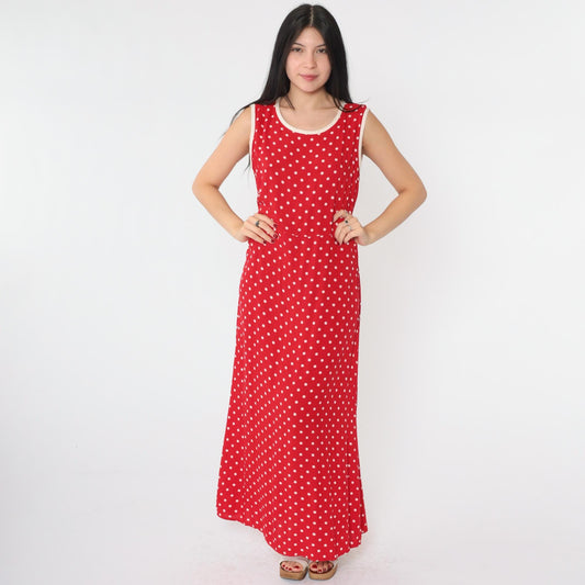 90s Red Polka Dot Maxi Dress Sleeveless High Waist Scoop Neck Medium