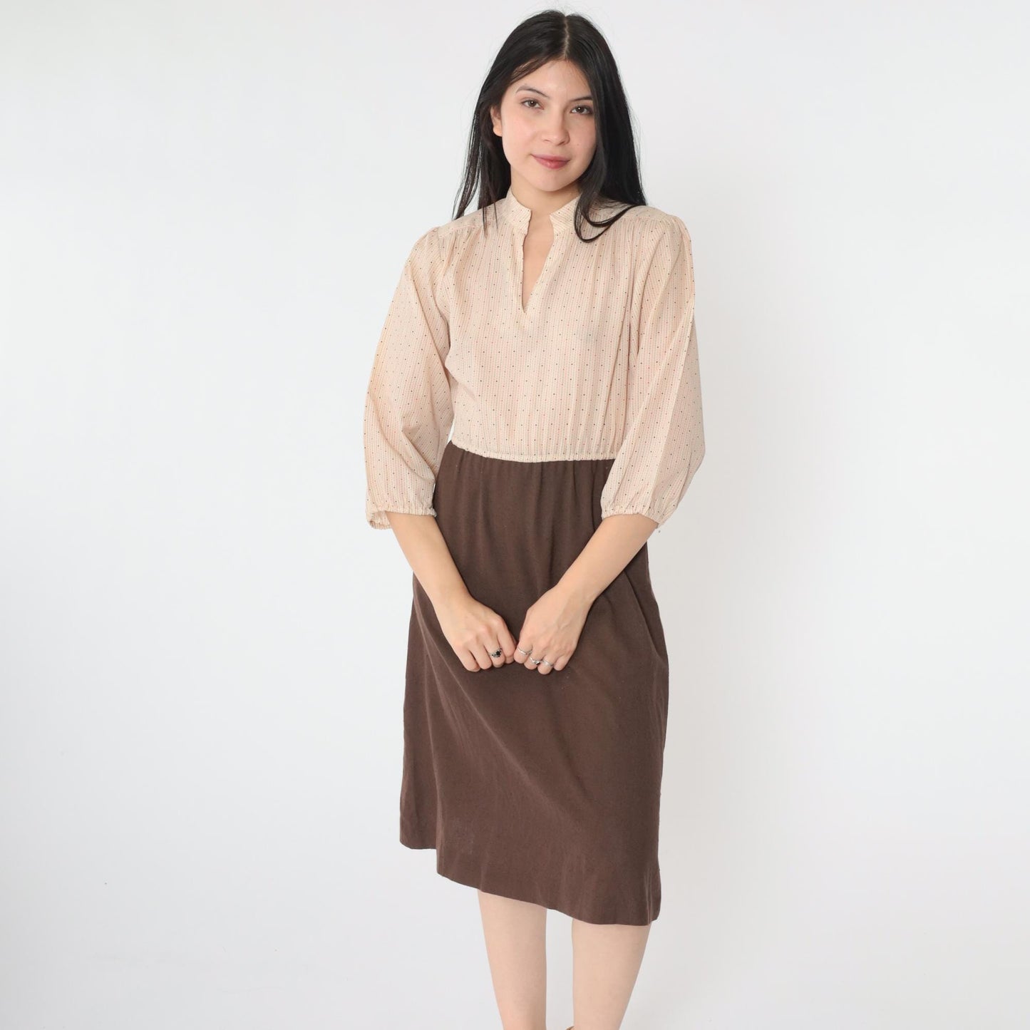 70s Beige Brown Dot Print Midi Dress High Elastic Waist V Neck Small