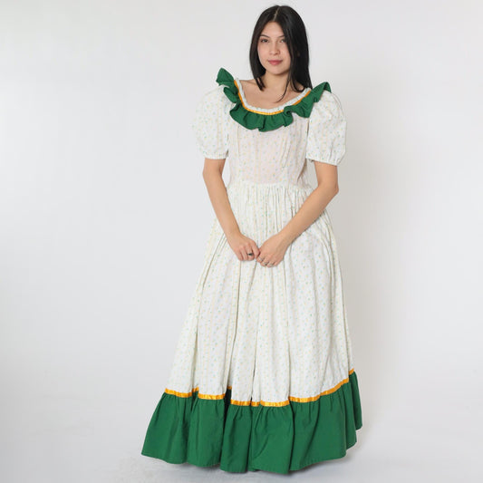 70s White Calico Floral Maxi Dress Puff Sleeve Green Ruffles High Waist Medium