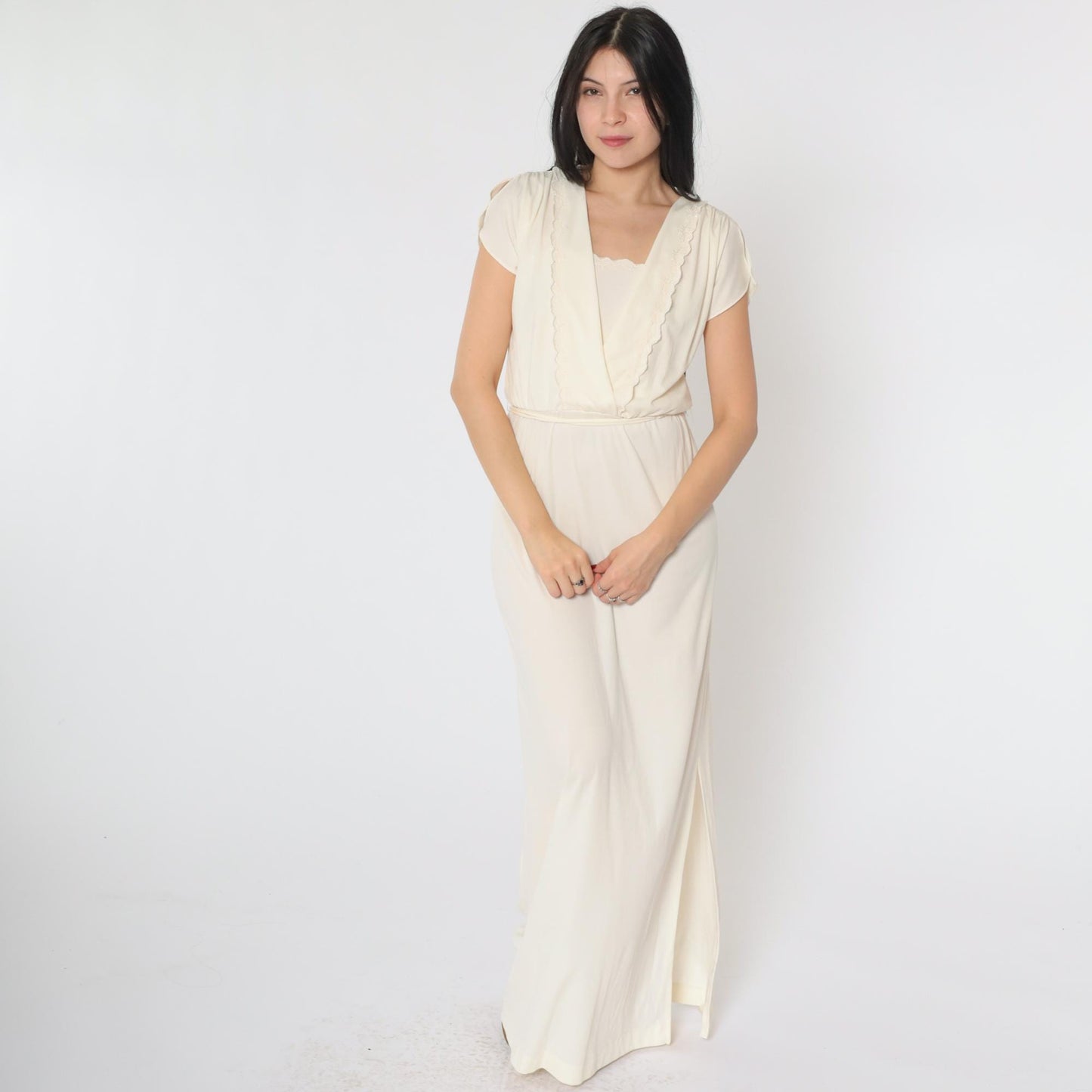 70s Cream Maxi Dress Embroidered Floral Wrap Bodice Flutter Sleeve Small